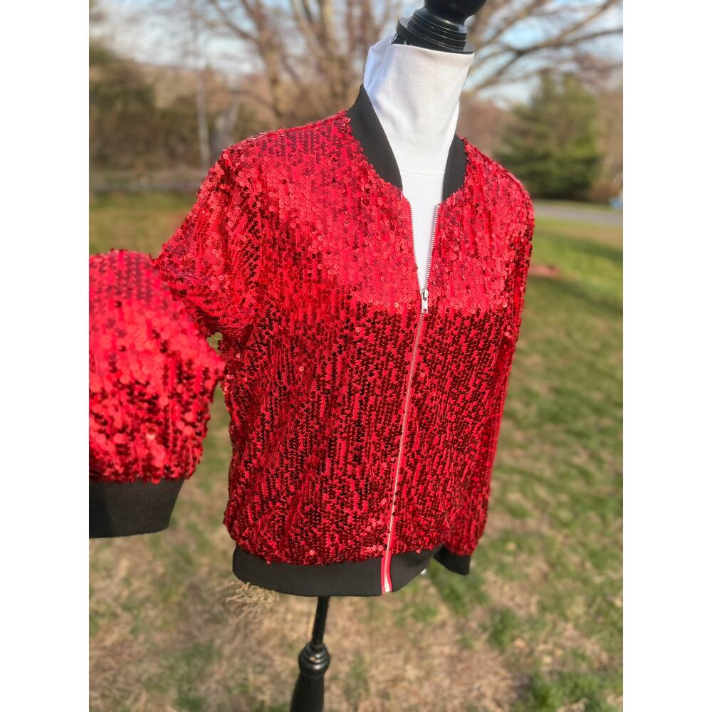 Red Sequin BNWOT Jacket long sleeve with cuffs zipper YUTUWOMSFUSHI